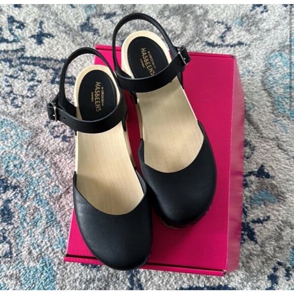 New $248 Womens 8 Covered Swedish Hasbeens Matte Black Clogs Mules Low 2” Heel - Picture 6 of 13